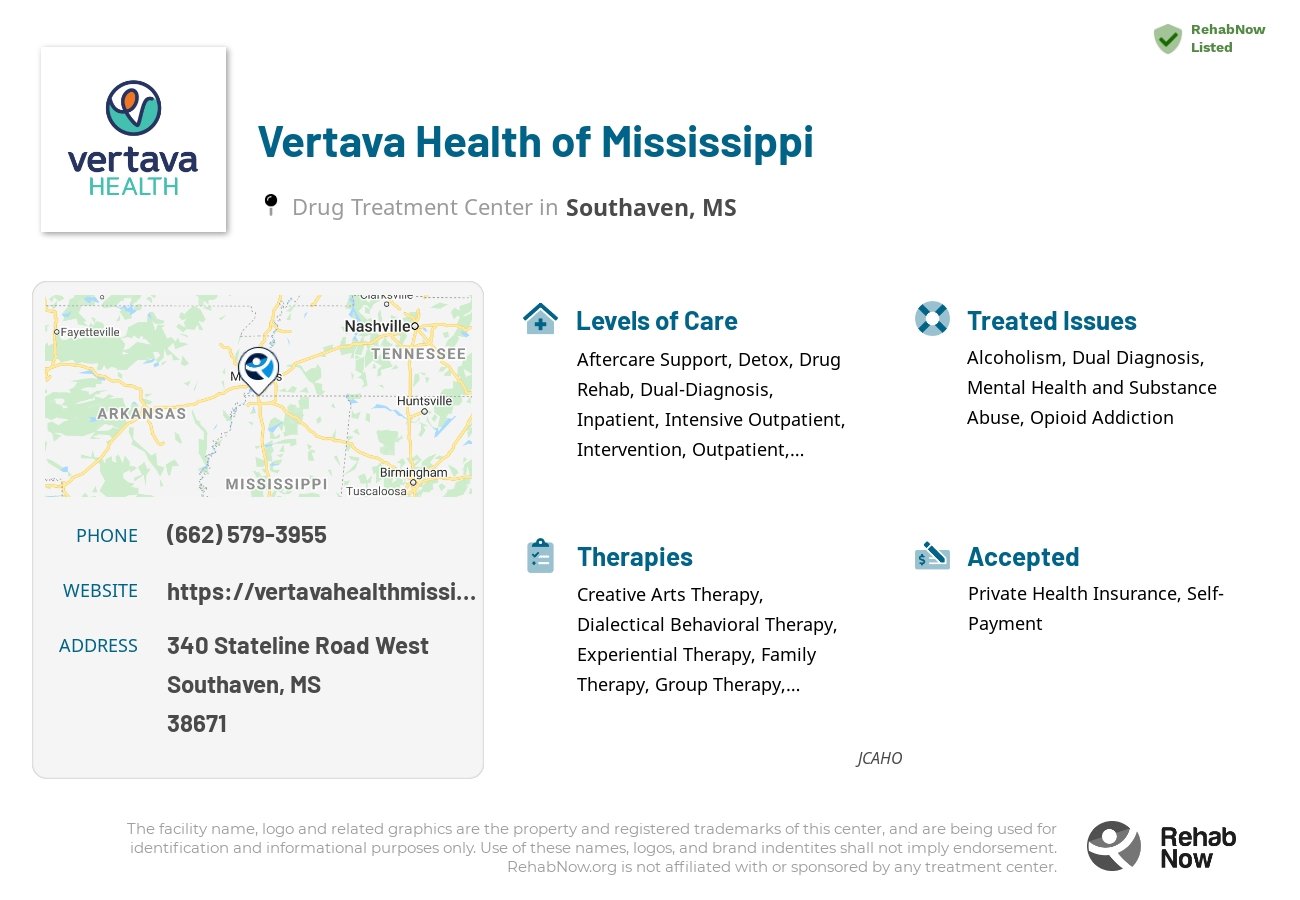 Helpful reference information for Vertava Health of Mississippi, a drug treatment center in Mississippi located at: 340 Stateline Road West, Southaven, MS, 38671, including phone numbers, official website, and more. Listed briefly is an overview of Levels of Care, Therapies Offered, Issues Treated, and accepted forms of Payment Methods.