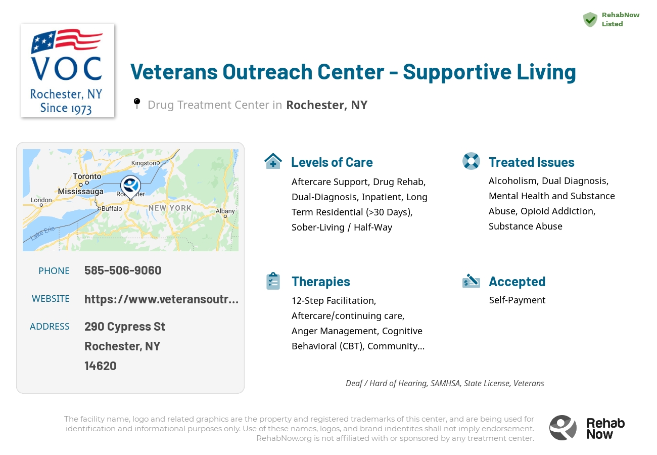 Helpful reference information for Veterans Outreach Center - Supportive Living, a drug treatment center in New York located at: 290 Cypress St, Rochester, NY 14620, including phone numbers, official website, and more. Listed briefly is an overview of Levels of Care, Therapies Offered, Issues Treated, and accepted forms of Payment Methods.