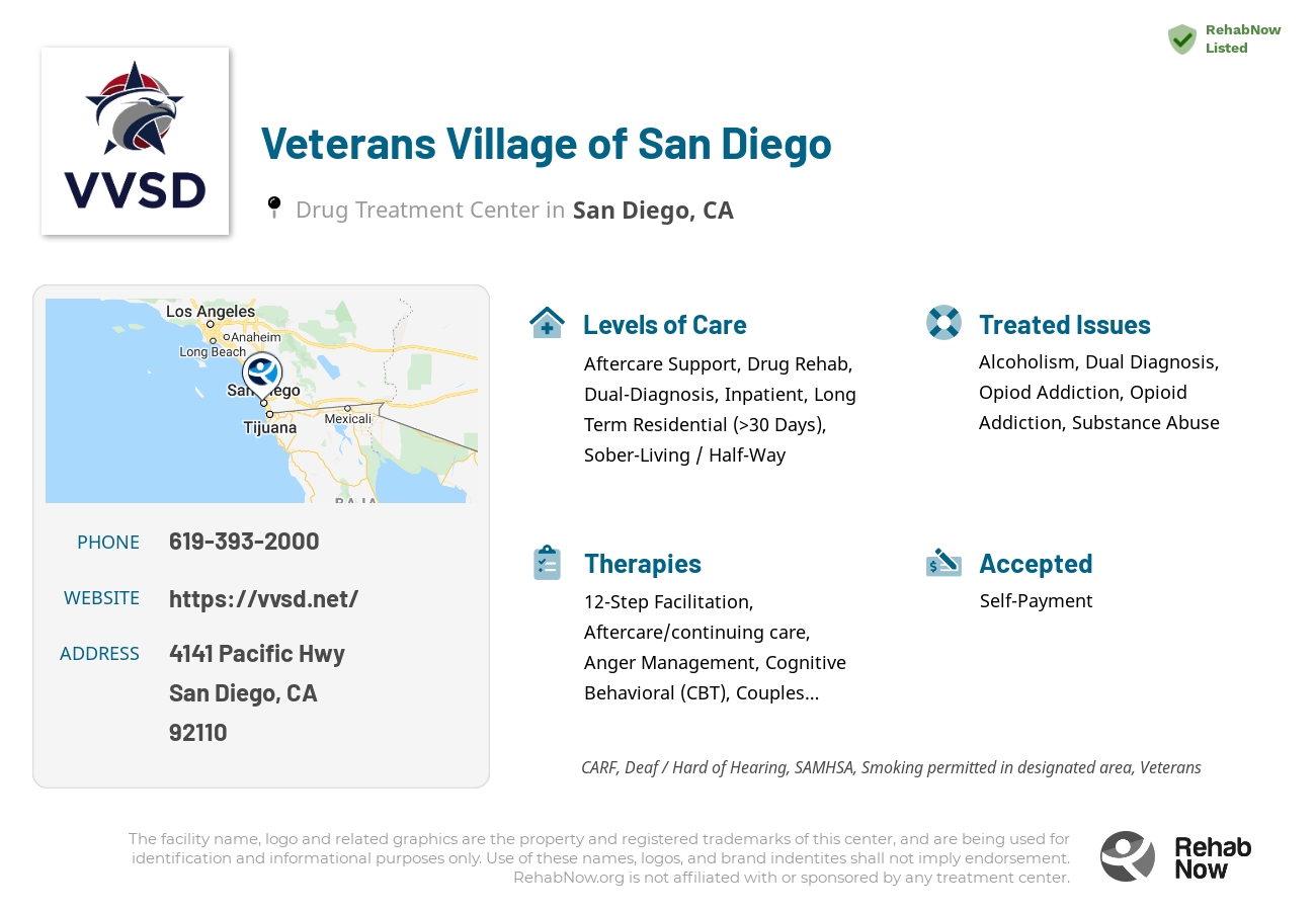 Helpful reference information for Veterans Village of San Diego, a drug treatment center in California located at: 4141 Pacific Hwy, San Diego, CA 92110, including phone numbers, official website, and more. Listed briefly is an overview of Levels of Care, Therapies Offered, Issues Treated, and accepted forms of Payment Methods.