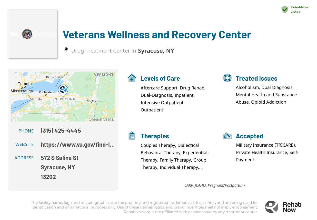 Helpful reference information for Veterans Wellness and Recovery Center, a drug treatment center in New York located at: 572 S Salina St, Syracuse, NY 13202, including phone numbers, official website, and more. Listed briefly is an overview of Levels of Care, Therapies Offered, Issues Treated, and accepted forms of Payment Methods.