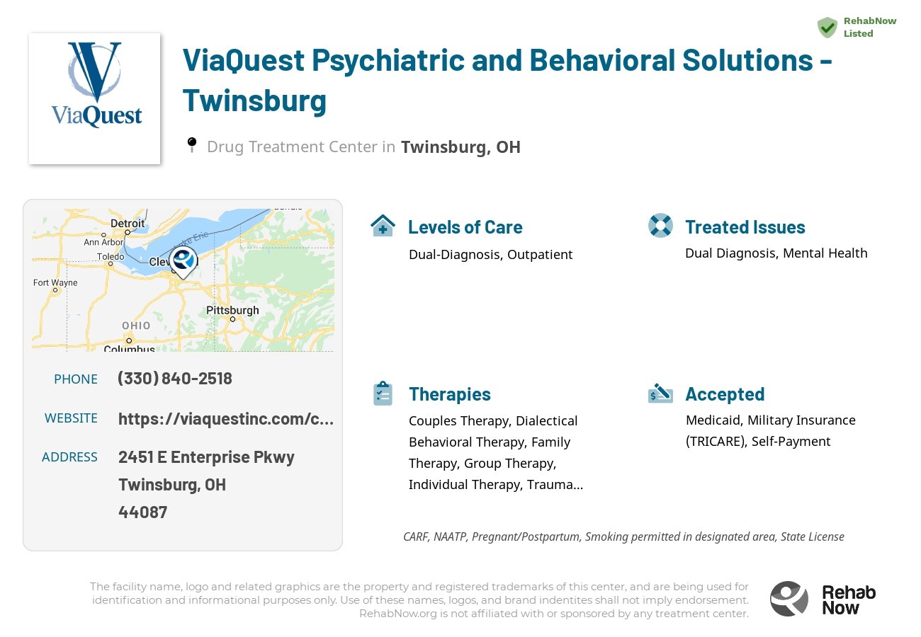 Helpful reference information for ViaQuest Psychiatric and Behavioral Solutions - Twinsburg, a drug treatment center in Ohio located at: 2451 E Enterprise Pkwy, Twinsburg, OH 44087, including phone numbers, official website, and more. Listed briefly is an overview of Levels of Care, Therapies Offered, Issues Treated, and accepted forms of Payment Methods.
