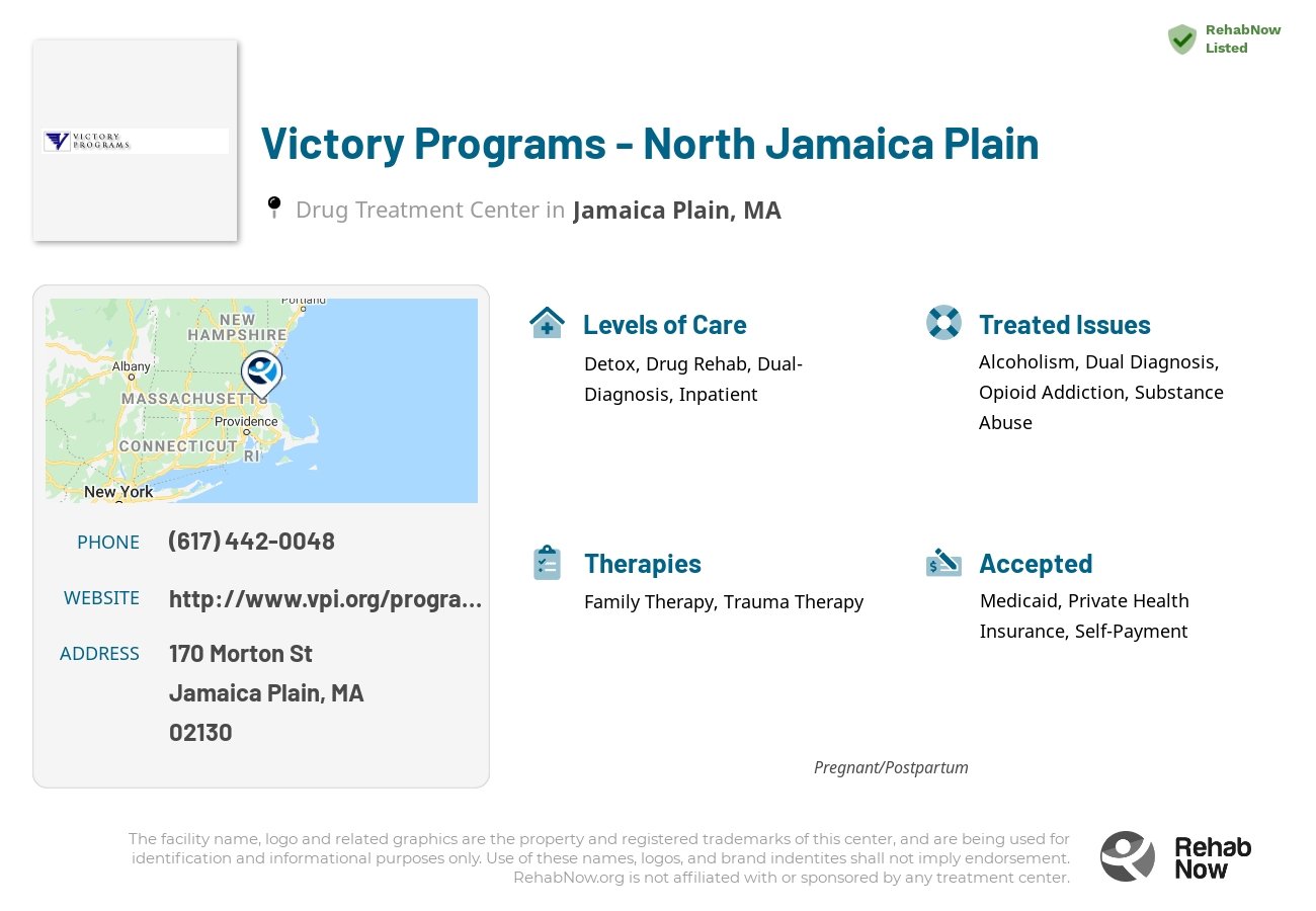 Helpful reference information for Victory Programs - North Jamaica Plain, a drug treatment center in Massachusetts located at: 170 Morton St, Jamaica Plain, MA 02130, including phone numbers, official website, and more. Listed briefly is an overview of Levels of Care, Therapies Offered, Issues Treated, and accepted forms of Payment Methods.
