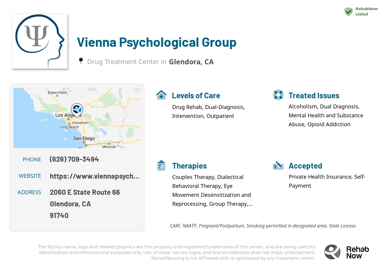 Helpful reference information for Vienna Psychological Group, a drug treatment center in California located at: 2060 E State Route 66, Glendora, CA 91740, including phone numbers, official website, and more. Listed briefly is an overview of Levels of Care, Therapies Offered, Issues Treated, and accepted forms of Payment Methods.