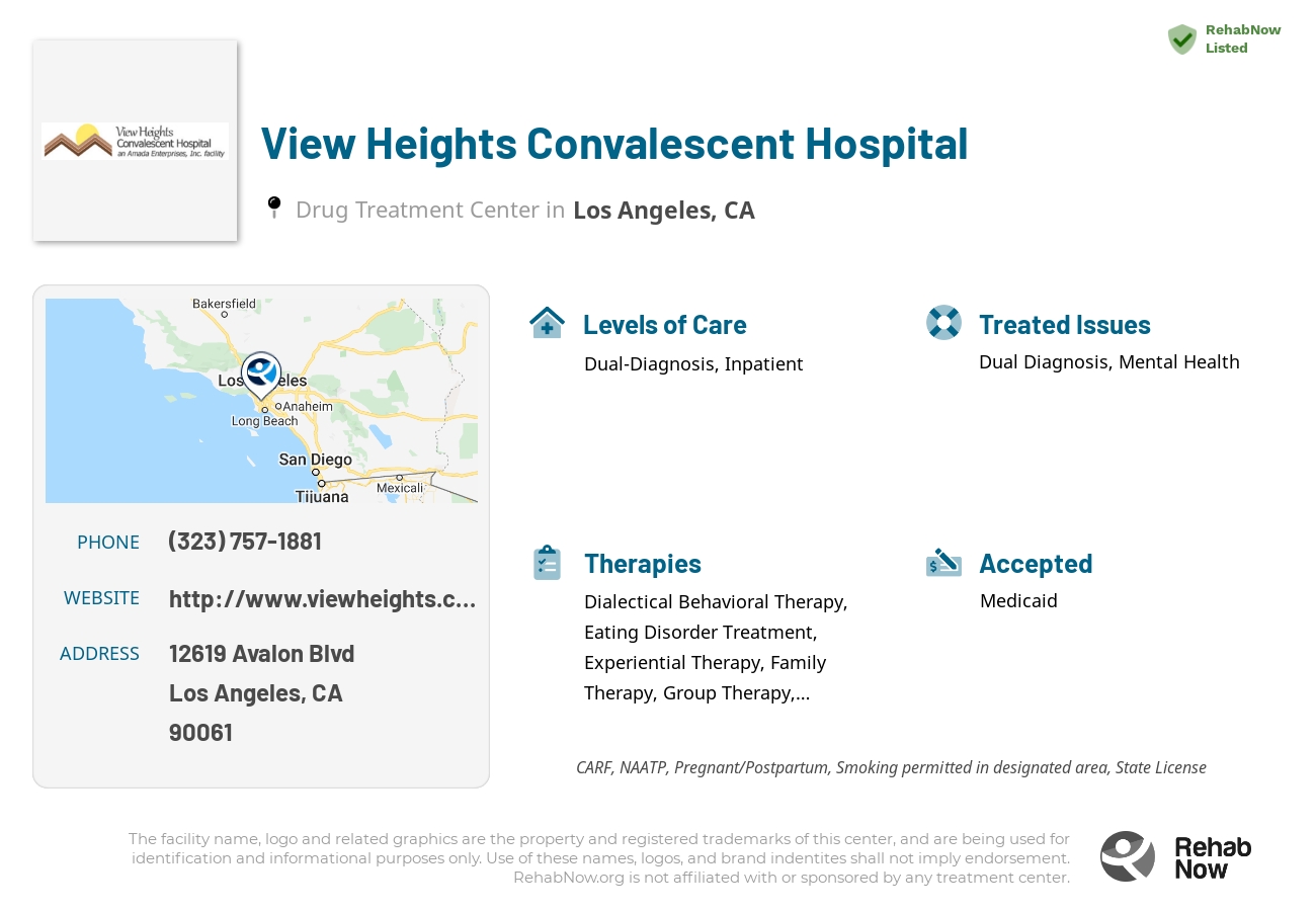 Helpful reference information for View Heights Convalescent Hospital, a drug treatment center in California located at: 12619 Avalon Blvd, Los Angeles, CA 90061, including phone numbers, official website, and more. Listed briefly is an overview of Levels of Care, Therapies Offered, Issues Treated, and accepted forms of Payment Methods.