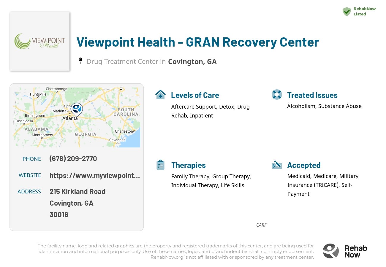 Helpful reference information for Viewpoint Health - GRAN Recovery Center, a drug treatment center in Georgia located at: 215 215 Kirkland Road, Covington, GA 30016, including phone numbers, official website, and more. Listed briefly is an overview of Levels of Care, Therapies Offered, Issues Treated, and accepted forms of Payment Methods.