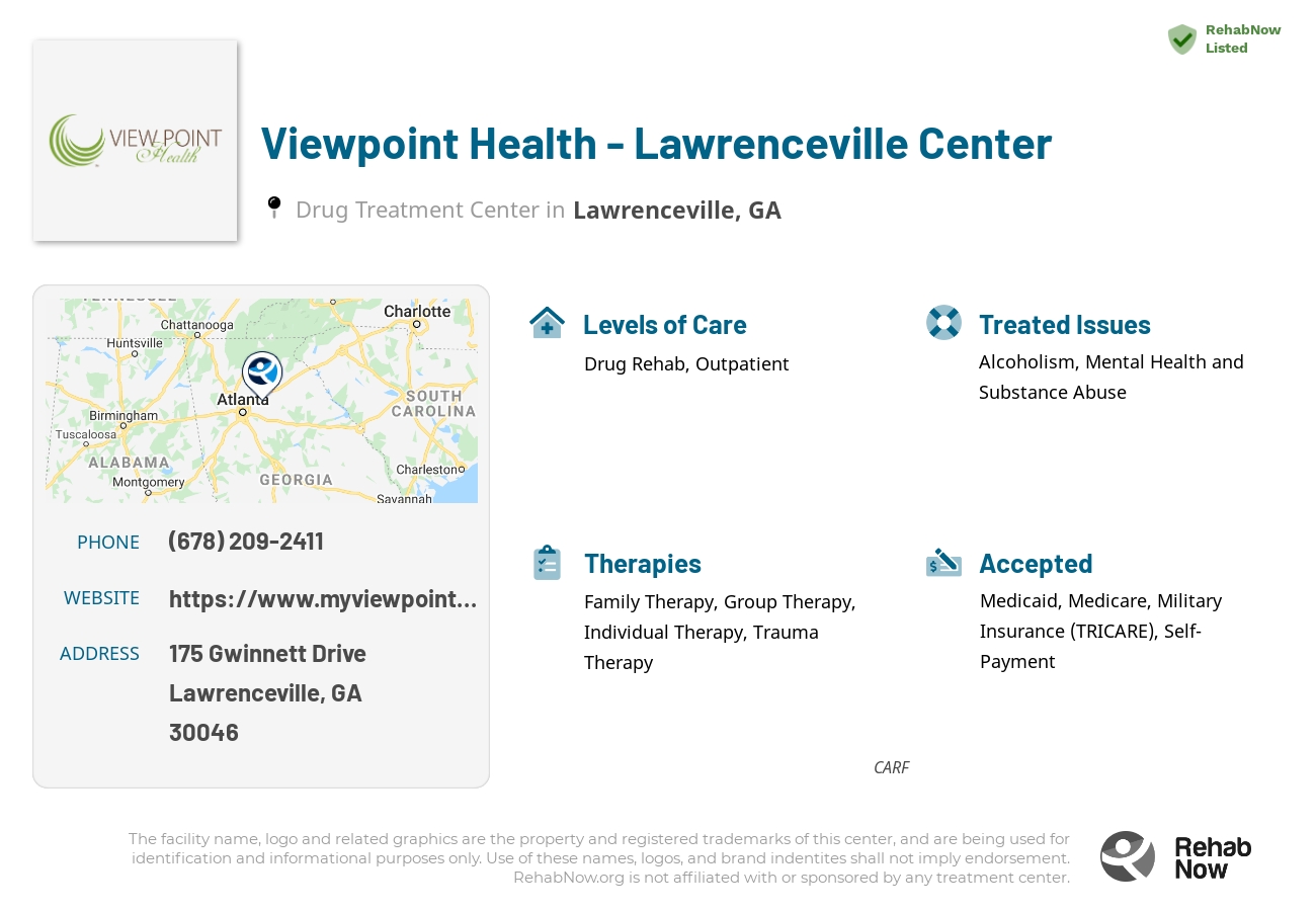 Helpful reference information for Viewpoint Health - Lawrenceville Center, a drug treatment center in Georgia located at: 175 175 Gwinnett Drive, Lawrenceville, GA 30046, including phone numbers, official website, and more. Listed briefly is an overview of Levels of Care, Therapies Offered, Issues Treated, and accepted forms of Payment Methods.
