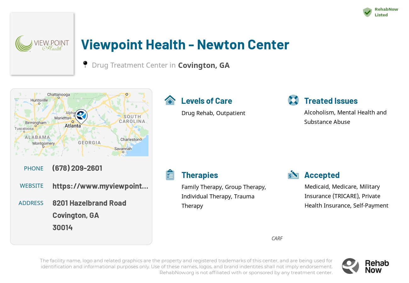 Helpful reference information for Viewpoint Health - Newton Center, a drug treatment center in Georgia located at: 8201 8201 Hazelbrand Road, Covington, GA 30014, including phone numbers, official website, and more. Listed briefly is an overview of Levels of Care, Therapies Offered, Issues Treated, and accepted forms of Payment Methods.