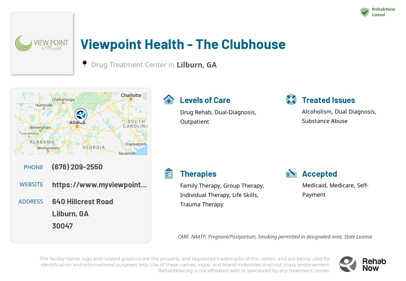 Helpful reference information for Viewpoint Health - The Clubhouse, a drug treatment center in Georgia located at: 640 640 Hillcrest Road, Lilburn, GA 30047, including phone numbers, official website, and more. Listed briefly is an overview of Levels of Care, Therapies Offered, Issues Treated, and accepted forms of Payment Methods.
