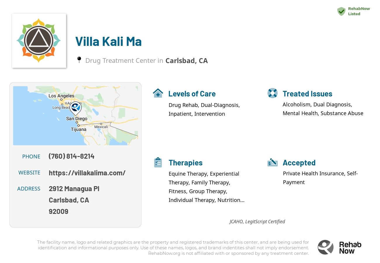 Helpful reference information for Villa Kali Ma, a drug treatment center in California located at: 2912 Managua Pl, Carlsbad, CA 92009, including phone numbers, official website, and more. Listed briefly is an overview of Levels of Care, Therapies Offered, Issues Treated, and accepted forms of Payment Methods.