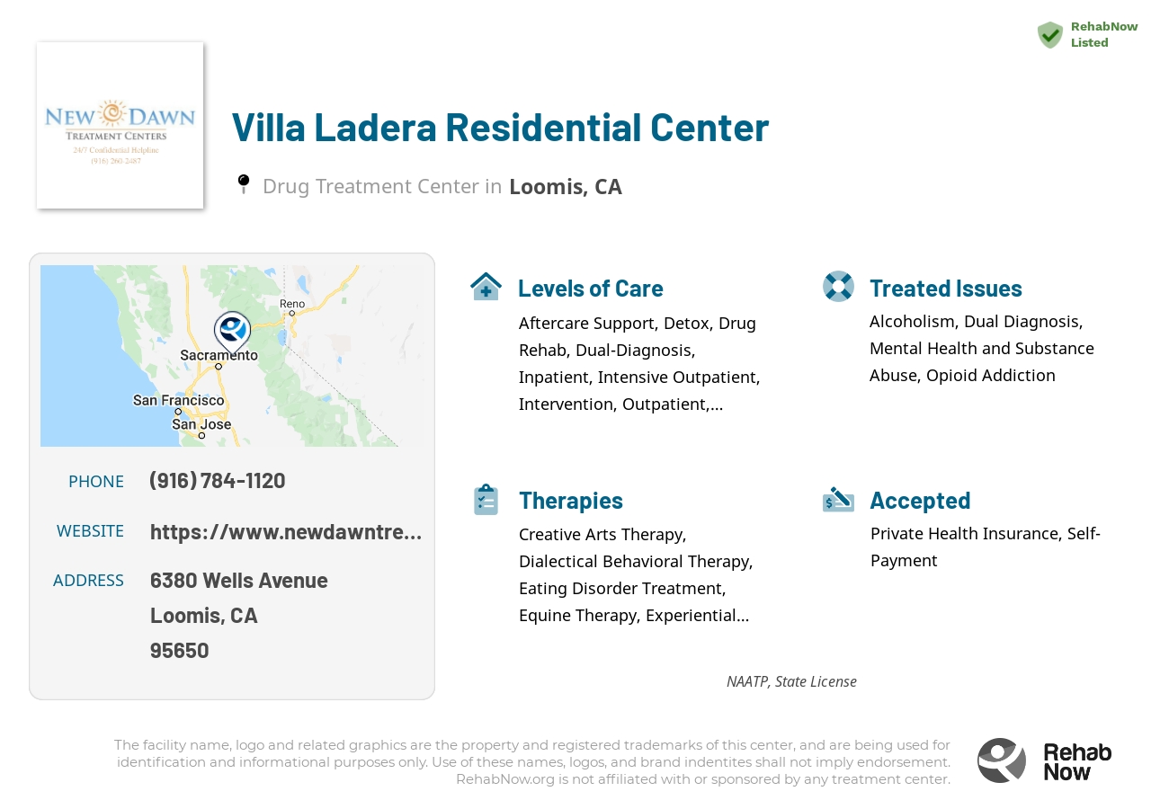 Helpful reference information for Villa Ladera Residential Center, a drug treatment center in California located at: 6380 Wells Avenue, Loomis, CA, 95650, including phone numbers, official website, and more. Listed briefly is an overview of Levels of Care, Therapies Offered, Issues Treated, and accepted forms of Payment Methods.