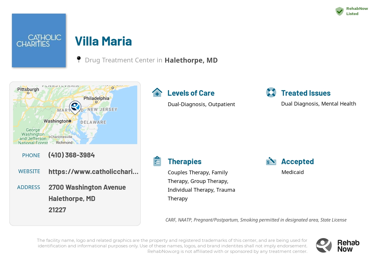 Helpful reference information for Villa Maria, a drug treatment center in Maryland located at: 2700 Washington Avenue, Halethorpe, MD, 21227, including phone numbers, official website, and more. Listed briefly is an overview of Levels of Care, Therapies Offered, Issues Treated, and accepted forms of Payment Methods.
