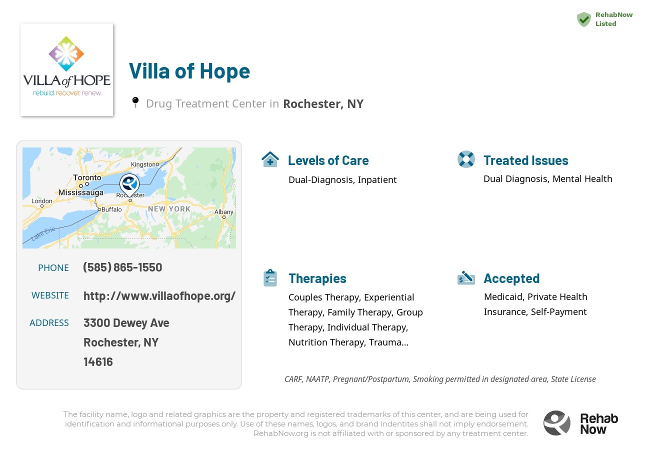 Helpful reference information for Villa of Hope, a drug treatment center in New York located at: 3300 Dewey Ave, Rochester, NY 14616, including phone numbers, official website, and more. Listed briefly is an overview of Levels of Care, Therapies Offered, Issues Treated, and accepted forms of Payment Methods.