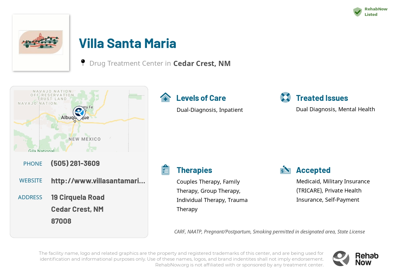 Helpful reference information for Villa Santa Maria, a drug treatment center in New Mexico located at: 19 19 Cirquela Road, Cedar Crest, NM 87008, including phone numbers, official website, and more. Listed briefly is an overview of Levels of Care, Therapies Offered, Issues Treated, and accepted forms of Payment Methods.