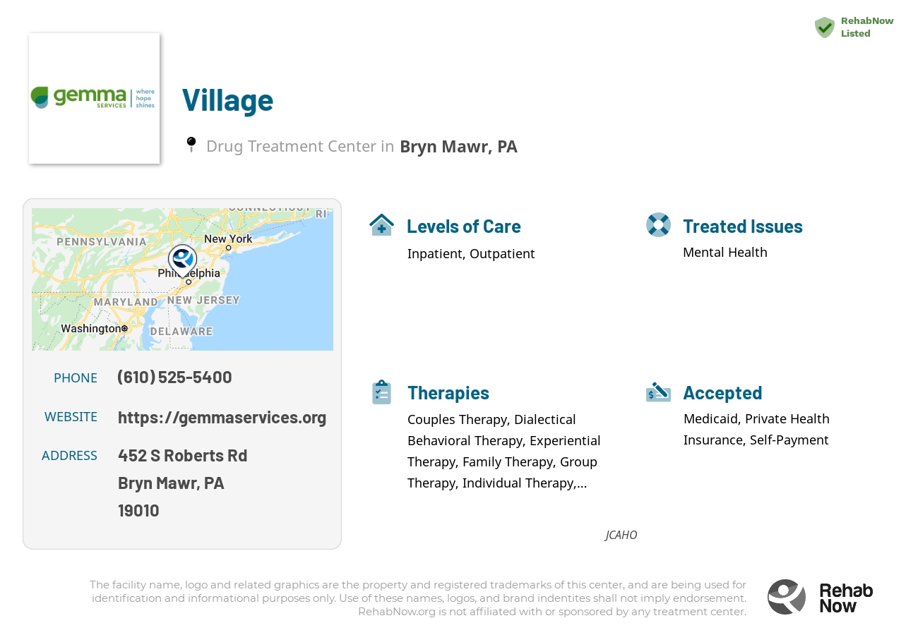 Helpful reference information for Village, a drug treatment center in Pennsylvania located at: 452 S Roberts Rd, Bryn Mawr, PA 19010, including phone numbers, official website, and more. Listed briefly is an overview of Levels of Care, Therapies Offered, Issues Treated, and accepted forms of Payment Methods.