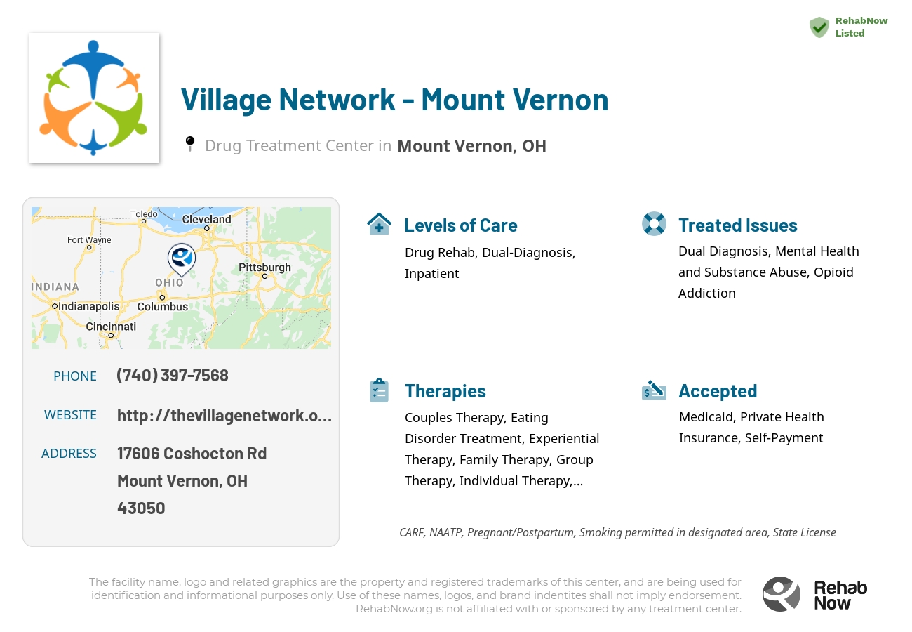 Helpful reference information for Village Network - Mount Vernon, a drug treatment center in Ohio located at: 17606 Coshocton Rd, Mount Vernon, OH 43050, including phone numbers, official website, and more. Listed briefly is an overview of Levels of Care, Therapies Offered, Issues Treated, and accepted forms of Payment Methods.