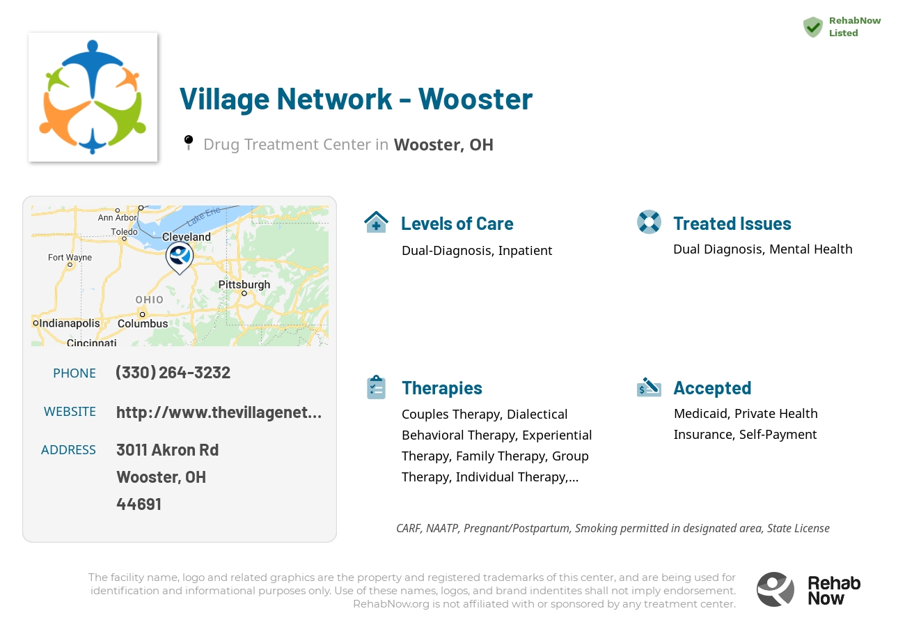 Helpful reference information for Village Network - Wooster, a drug treatment center in Ohio located at: 3011 Akron Rd, Wooster, OH 44691, including phone numbers, official website, and more. Listed briefly is an overview of Levels of Care, Therapies Offered, Issues Treated, and accepted forms of Payment Methods.