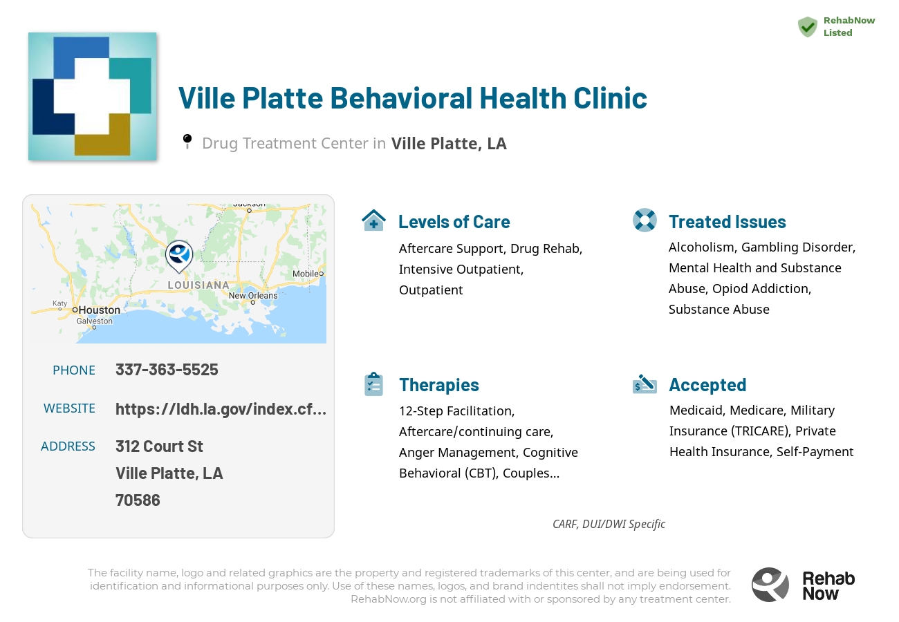 Helpful reference information for Ville Platte Behavioral Health Clinic, a drug treatment center in Louisiana located at: 312 Court St, Ville Platte, LA 70586, including phone numbers, official website, and more. Listed briefly is an overview of Levels of Care, Therapies Offered, Issues Treated, and accepted forms of Payment Methods.