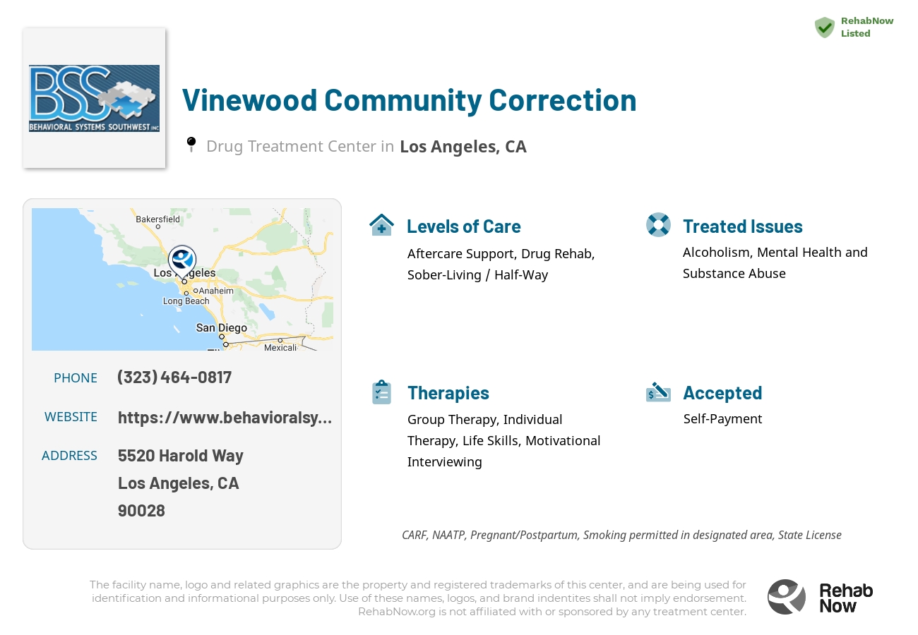 Helpful reference information for Vinewood Community Correction, a drug treatment center in California located at: 5520 Harold Way, Los Angeles, CA 90028, including phone numbers, official website, and more. Listed briefly is an overview of Levels of Care, Therapies Offered, Issues Treated, and accepted forms of Payment Methods.