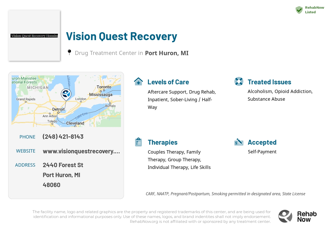 Helpful reference information for Vision Quest Recovery, a drug treatment center in Michigan located at: 2440 2440 Forest St, Port Huron, MI 48060, including phone numbers, official website, and more. Listed briefly is an overview of Levels of Care, Therapies Offered, Issues Treated, and accepted forms of Payment Methods.