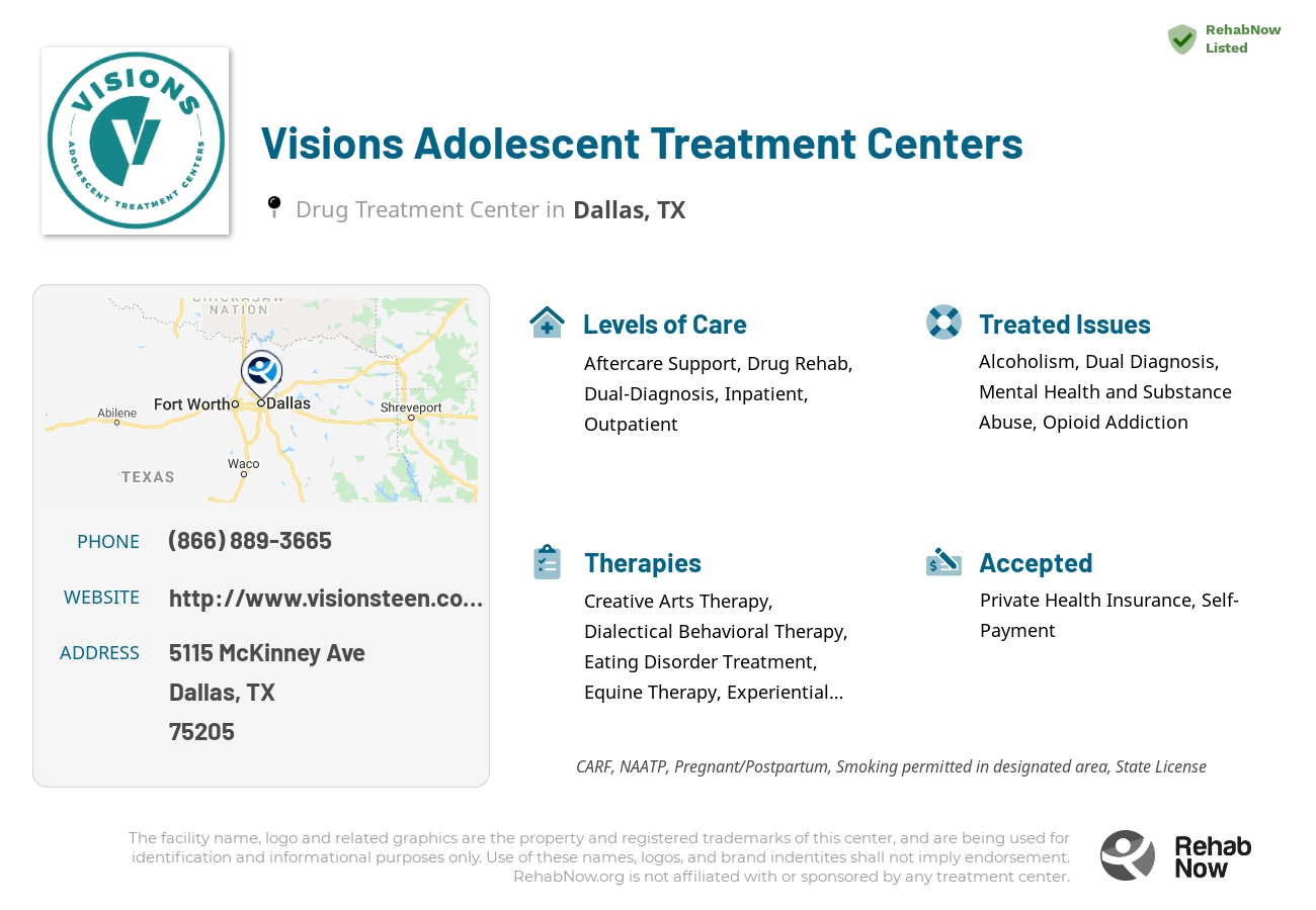 Helpful reference information for Visions Adolescent Treatment Centers, a drug treatment center in Texas located at: 5115 McKinney Ave, Dallas, TX 75205, including phone numbers, official website, and more. Listed briefly is an overview of Levels of Care, Therapies Offered, Issues Treated, and accepted forms of Payment Methods.