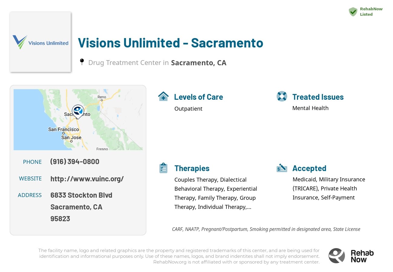 Helpful reference information for Visions Unlimited - Sacramento, a drug treatment center in California located at: 6833 Stockton Blvd, Sacramento, CA 95823, including phone numbers, official website, and more. Listed briefly is an overview of Levels of Care, Therapies Offered, Issues Treated, and accepted forms of Payment Methods.