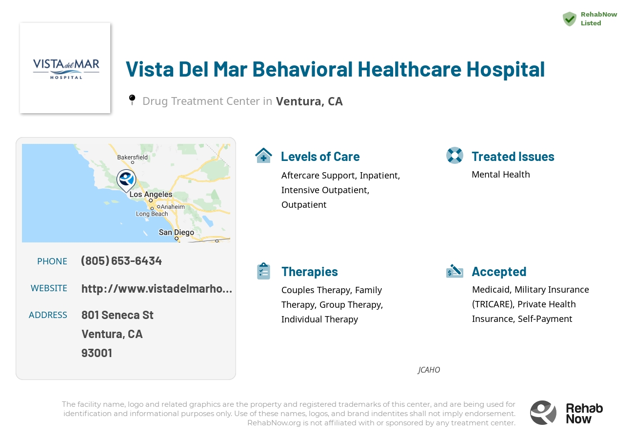Helpful reference information for Vista Del Mar Behavioral Healthcare Hospital, a drug treatment center in California located at: 801 Seneca St, Ventura, CA 93001, including phone numbers, official website, and more. Listed briefly is an overview of Levels of Care, Therapies Offered, Issues Treated, and accepted forms of Payment Methods.