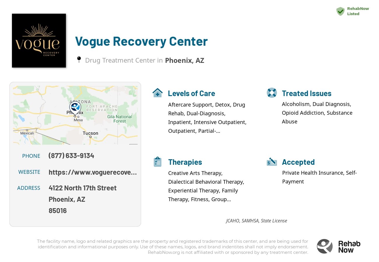 Helpful reference information for Vogue Recovery Center, a drug treatment center in Arizona located at: 4122 North 17th Street, Phoenix, AZ, 85016, including phone numbers, official website, and more. Listed briefly is an overview of Levels of Care, Therapies Offered, Issues Treated, and accepted forms of Payment Methods.