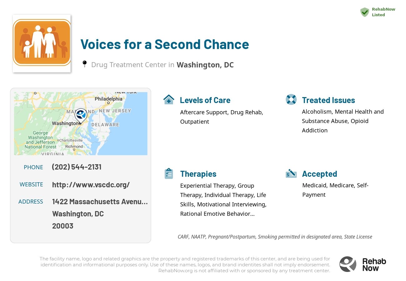 Helpful reference information for Voices for a Second Chance, a drug treatment center in District of Columbia located at: 1422 Massachusetts Avenue SE, Washington, DC, 20003, including phone numbers, official website, and more. Listed briefly is an overview of Levels of Care, Therapies Offered, Issues Treated, and accepted forms of Payment Methods.