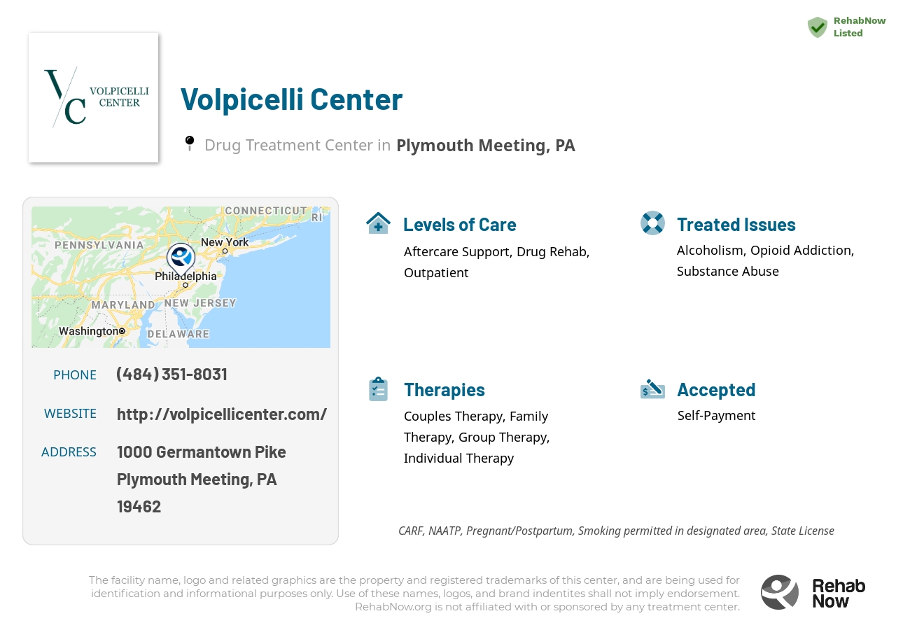 Helpful reference information for Volpicelli Center, a drug treatment center in Pennsylvania located at: 1000 Germantown Pike, Plymouth Meeting, PA 19462, including phone numbers, official website, and more. Listed briefly is an overview of Levels of Care, Therapies Offered, Issues Treated, and accepted forms of Payment Methods.