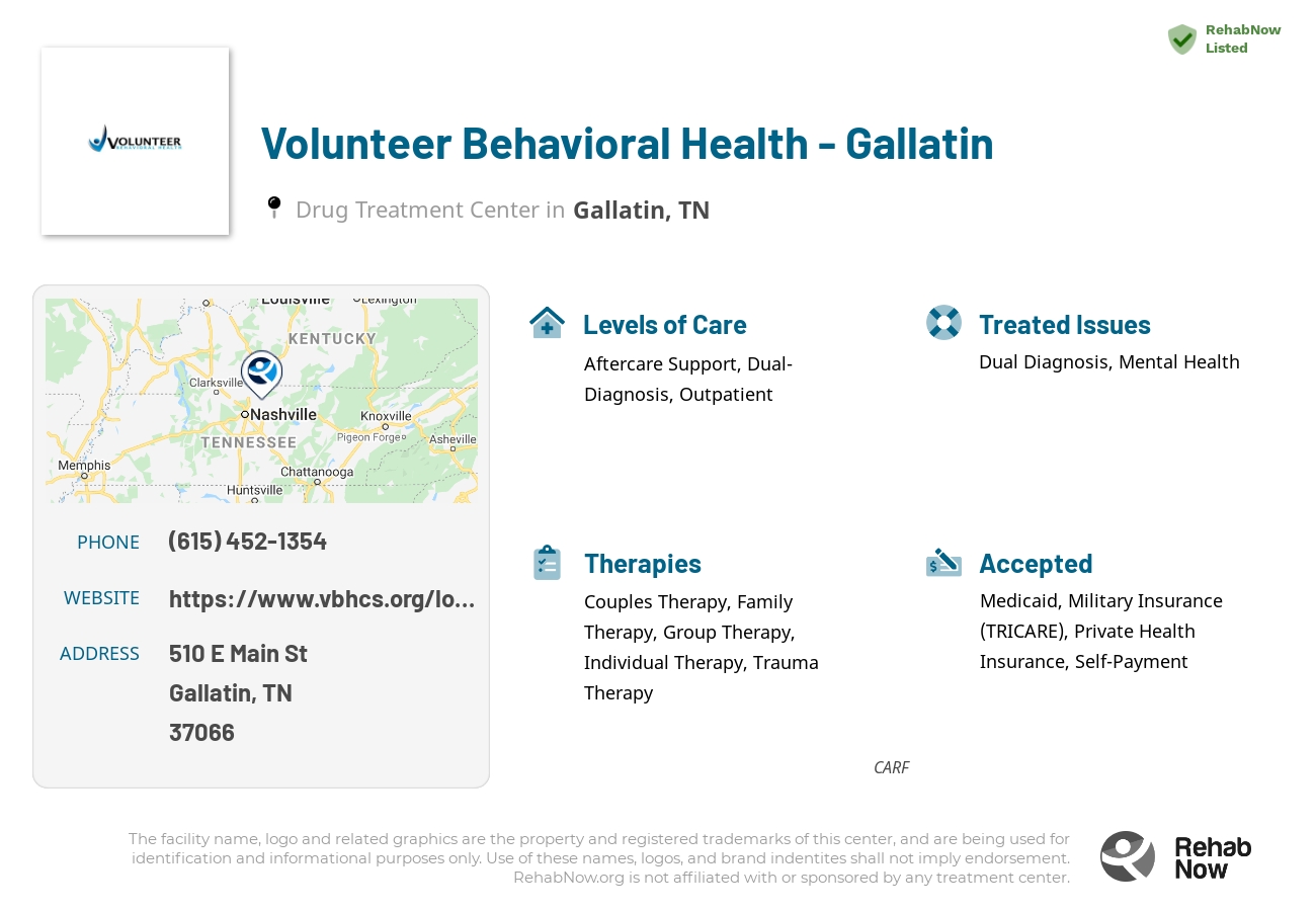 Helpful reference information for Volunteer Behavioral Health - Gallatin, a drug treatment center in Tennessee located at: 510 E Main St, Gallatin, TN 37066, including phone numbers, official website, and more. Listed briefly is an overview of Levels of Care, Therapies Offered, Issues Treated, and accepted forms of Payment Methods.