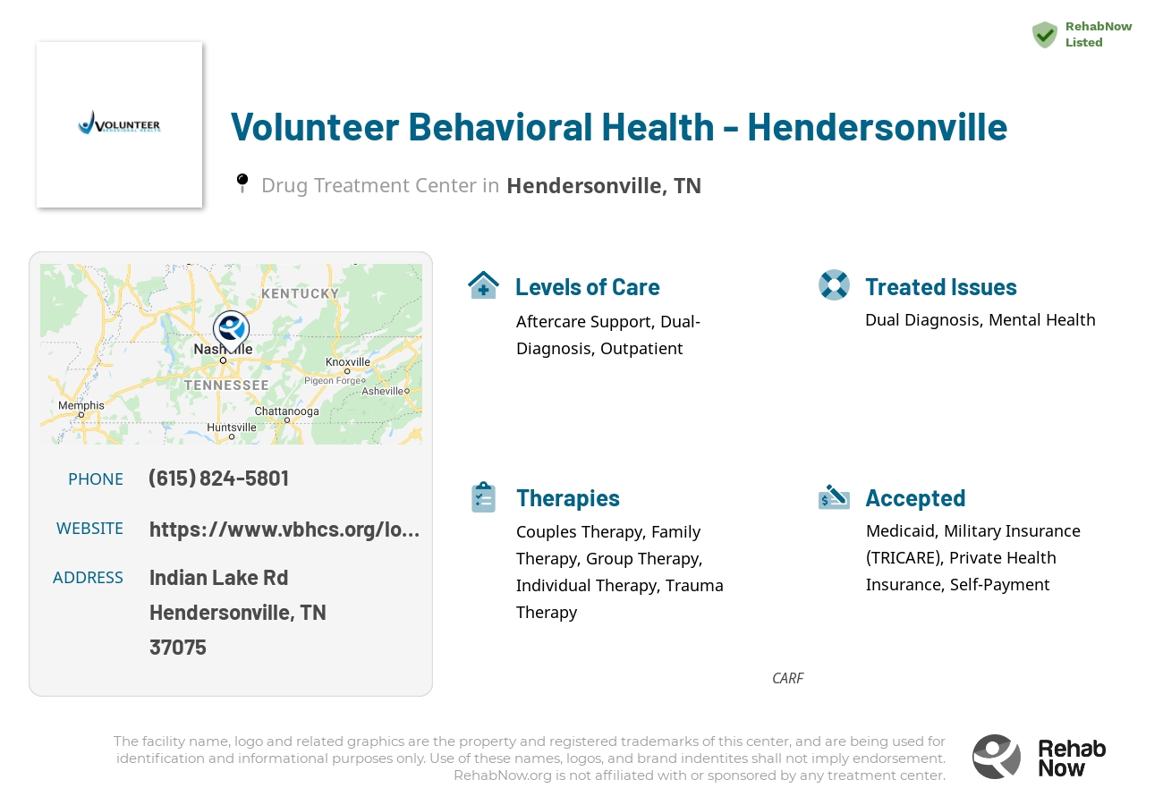 Helpful reference information for Volunteer Behavioral Health - Hendersonville, a drug treatment center in Tennessee located at: Indian Lake Rd, Hendersonville, TN 37075, including phone numbers, official website, and more. Listed briefly is an overview of Levels of Care, Therapies Offered, Issues Treated, and accepted forms of Payment Methods.