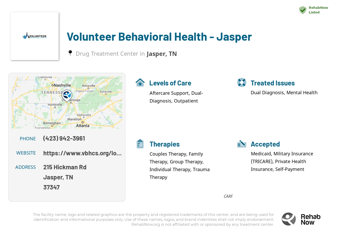 Helpful reference information for Volunteer Behavioral Health - Jasper, a drug treatment center in Tennessee located at: 215 Hickman Rd, Jasper, TN 37347, including phone numbers, official website, and more. Listed briefly is an overview of Levels of Care, Therapies Offered, Issues Treated, and accepted forms of Payment Methods.