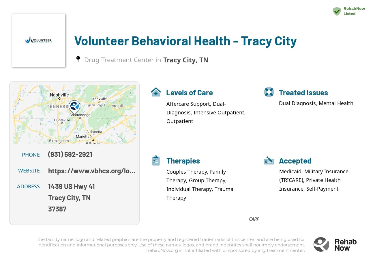 Helpful reference information for Volunteer Behavioral Health - Tracy City, a drug treatment center in Tennessee located at: 1439 US Hwy 41, Tracy City, TN 37387, including phone numbers, official website, and more. Listed briefly is an overview of Levels of Care, Therapies Offered, Issues Treated, and accepted forms of Payment Methods.