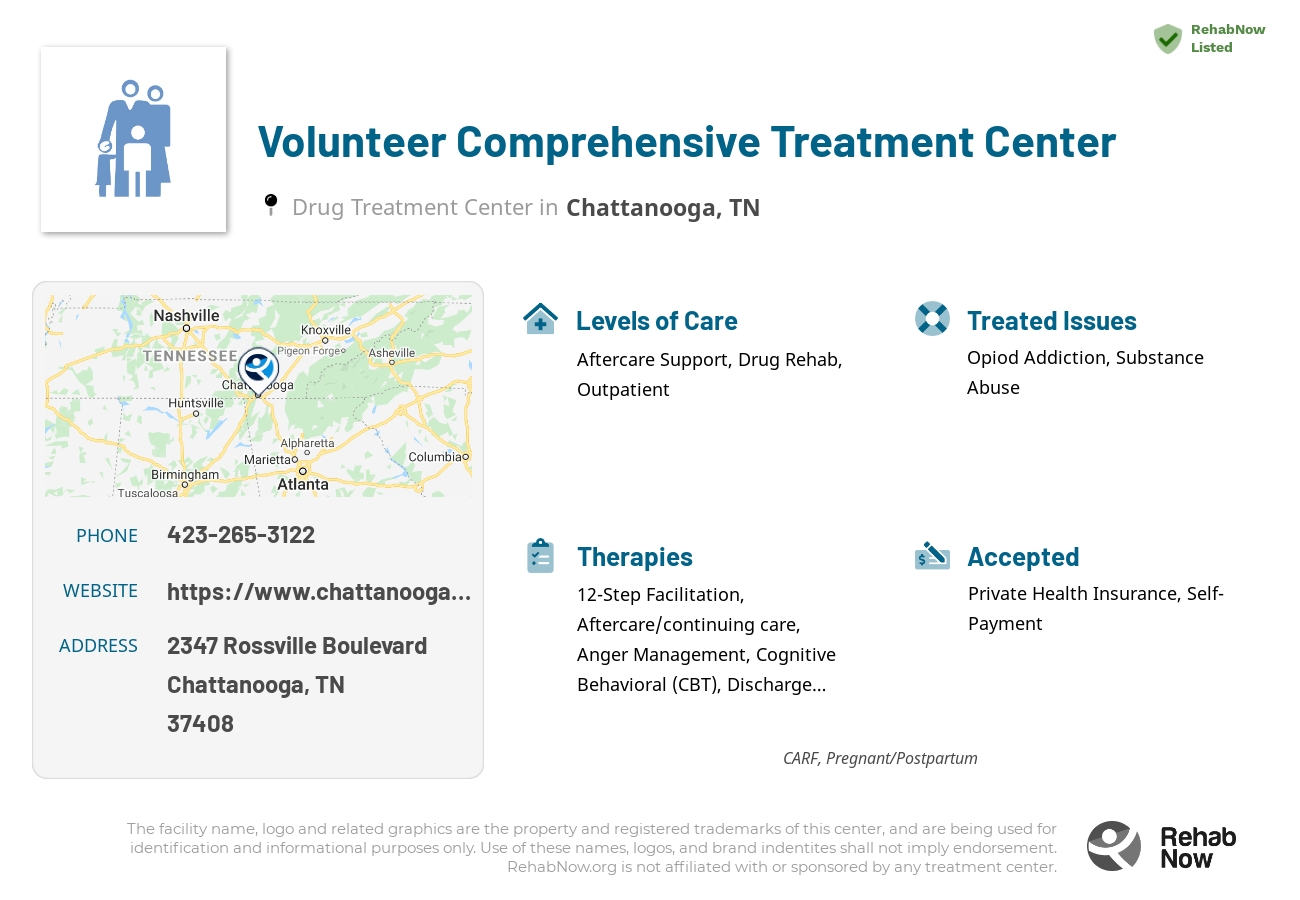 Helpful reference information for Volunteer Comprehensive Treatment Center, a drug treatment center in Tennessee located at: 2347 Rossville Boulevard, Chattanooga, TN 37408, including phone numbers, official website, and more. Listed briefly is an overview of Levels of Care, Therapies Offered, Issues Treated, and accepted forms of Payment Methods.