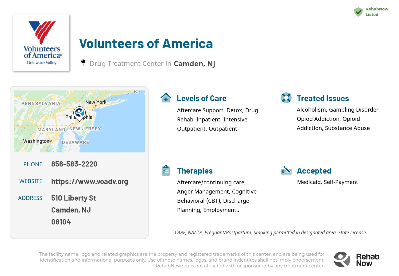 Helpful reference information for Volunteers of America, a drug treatment center in New Jersey located at: 510 Liberty St, Camden, NJ 08104, including phone numbers, official website, and more. Listed briefly is an overview of Levels of Care, Therapies Offered, Issues Treated, and accepted forms of Payment Methods.