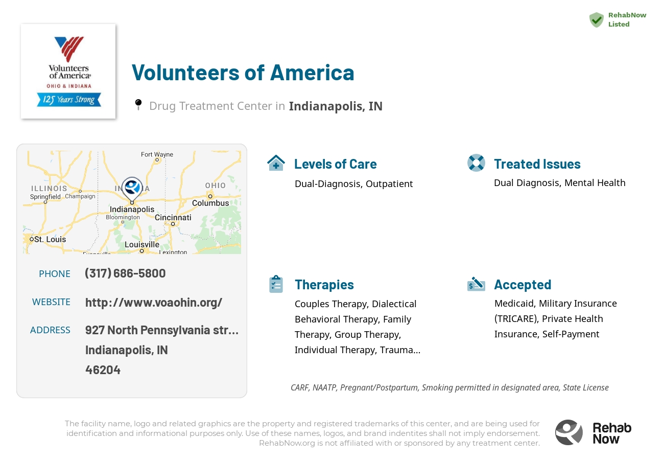 Helpful reference information for Volunteers of America, a drug treatment center in Indiana located at: 927 927 North Pennsylvania street, Indianapolis, IN 46204, including phone numbers, official website, and more. Listed briefly is an overview of Levels of Care, Therapies Offered, Issues Treated, and accepted forms of Payment Methods.