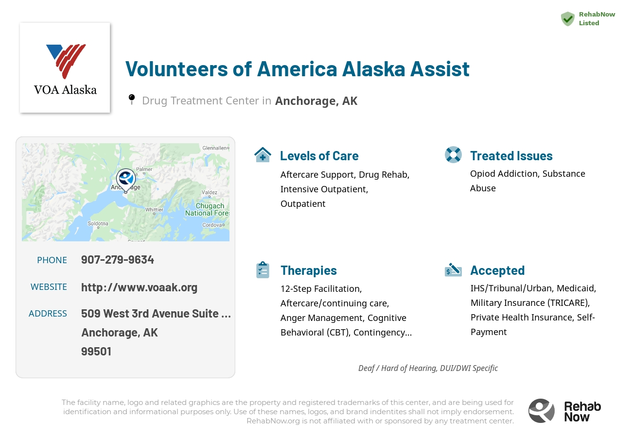 Helpful reference information for Volunteers of America Alaska Assist, a drug treatment center in Alaska located at: 509 West 3rd Avenue Suite 103, Anchorage, AK 99501, including phone numbers, official website, and more. Listed briefly is an overview of Levels of Care, Therapies Offered, Issues Treated, and accepted forms of Payment Methods.