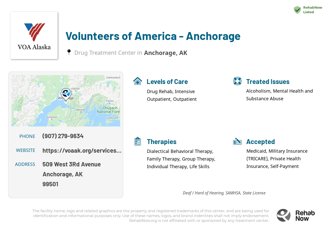Helpful reference information for Volunteers of America - Anchorage, a drug treatment center in Alaska located at: 509 West 3Rd Avenue, Anchorage, AK, 99501, including phone numbers, official website, and more. Listed briefly is an overview of Levels of Care, Therapies Offered, Issues Treated, and accepted forms of Payment Methods.