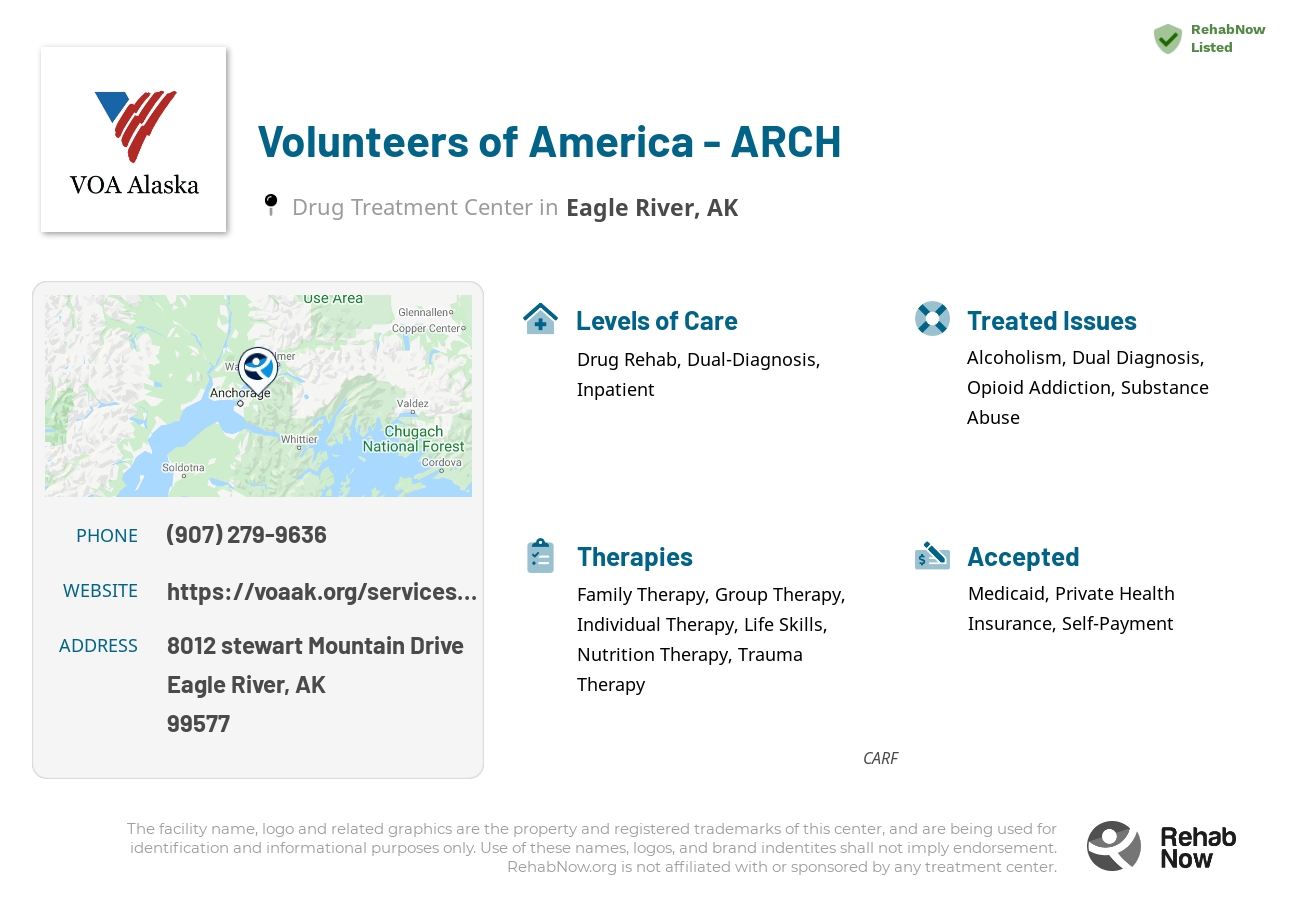 Helpful reference information for Volunteers of America - ARCH, a drug treatment center in Alaska located at: 8012 stewart Mountain Drive, Eagle River, AK, 99577, including phone numbers, official website, and more. Listed briefly is an overview of Levels of Care, Therapies Offered, Issues Treated, and accepted forms of Payment Methods.