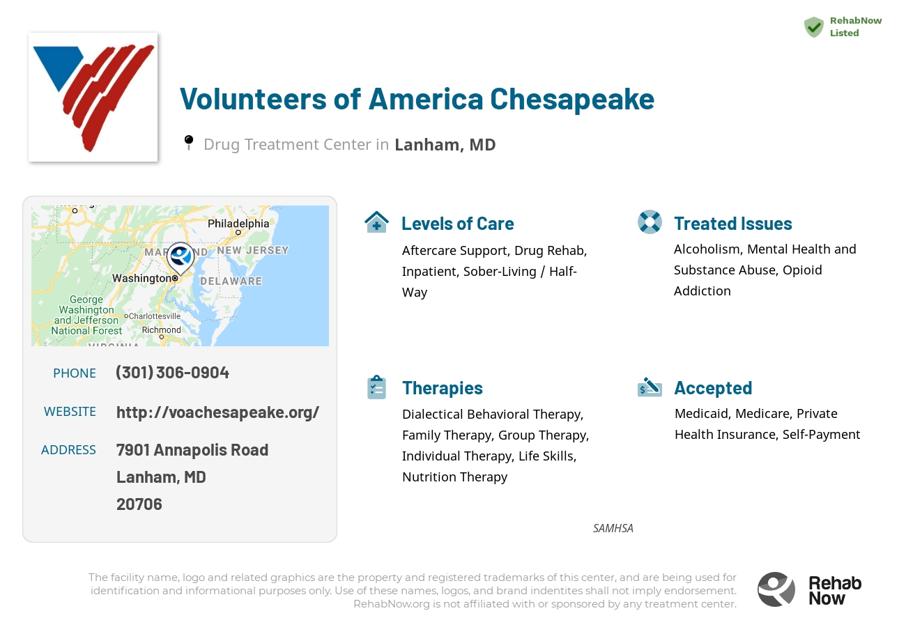 Helpful reference information for Volunteers of America Chesapeake, a drug treatment center in Maryland located at: 7901 Annapolis Road, Lanham, MD, 20706, including phone numbers, official website, and more. Listed briefly is an overview of Levels of Care, Therapies Offered, Issues Treated, and accepted forms of Payment Methods.