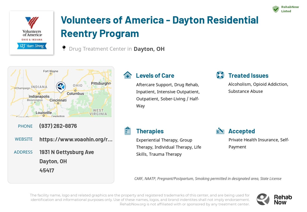 Helpful reference information for Volunteers of America - Dayton Residential Reentry Program, a drug treatment center in Ohio located at: 1931 N Gettysburg Ave, Dayton, OH 45417, including phone numbers, official website, and more. Listed briefly is an overview of Levels of Care, Therapies Offered, Issues Treated, and accepted forms of Payment Methods.