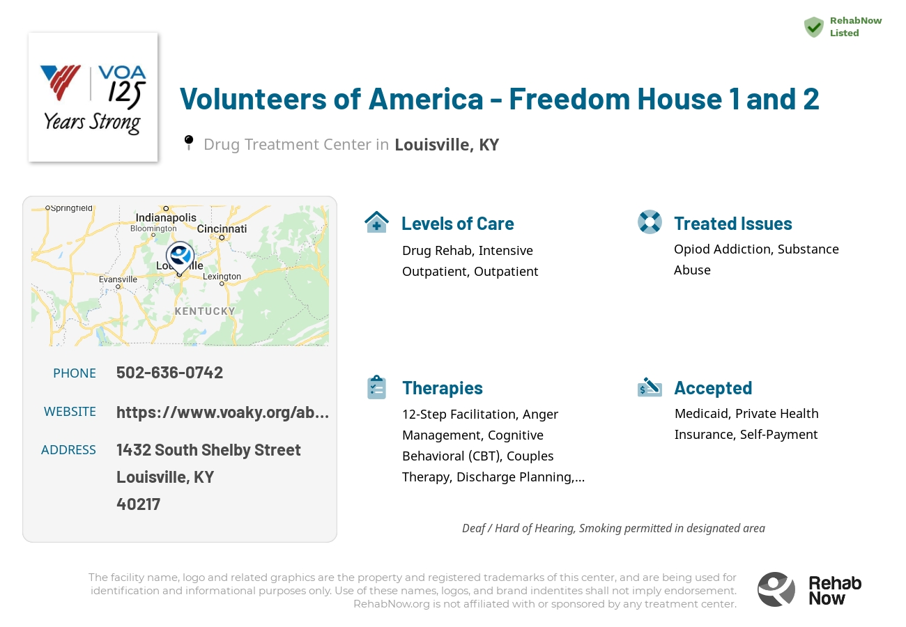 Helpful reference information for Volunteers of America - Freedom House 1 and 2, a drug treatment center in Kentucky located at: 1432 South Shelby Street, Louisville, KY 40217, including phone numbers, official website, and more. Listed briefly is an overview of Levels of Care, Therapies Offered, Issues Treated, and accepted forms of Payment Methods.