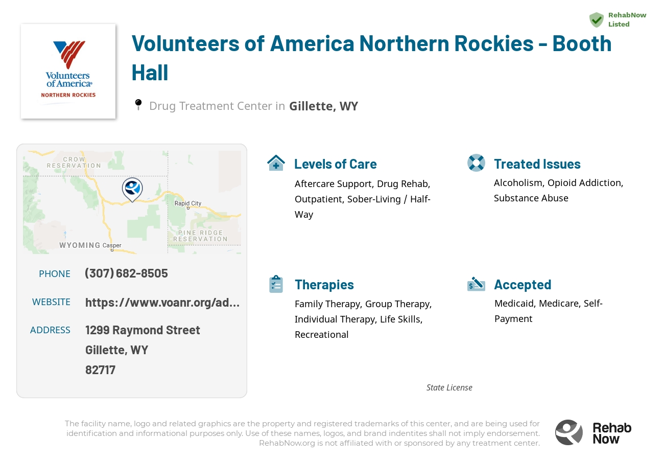 Helpful reference information for Volunteers of America Northern Rockies - Booth Hall, a drug treatment center in Wyoming located at: 1299 1299 Raymond Street, Gillette, WY 82717, including phone numbers, official website, and more. Listed briefly is an overview of Levels of Care, Therapies Offered, Issues Treated, and accepted forms of Payment Methods.