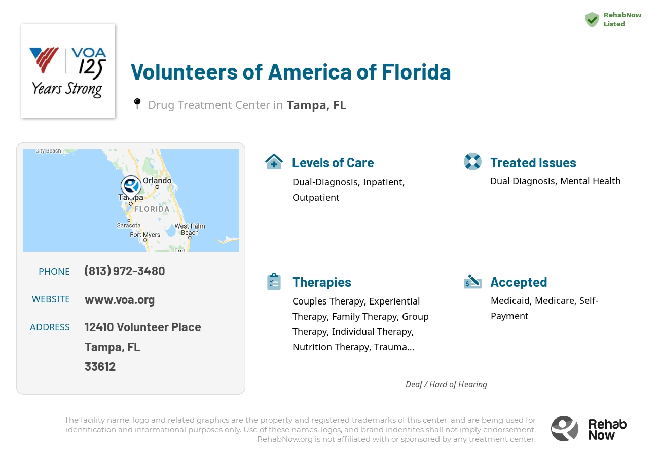 Helpful reference information for Volunteers of America of Florida, a drug treatment center in Florida located at: 12410 Volunteer Place, Tampa, FL, 33612, including phone numbers, official website, and more. Listed briefly is an overview of Levels of Care, Therapies Offered, Issues Treated, and accepted forms of Payment Methods.