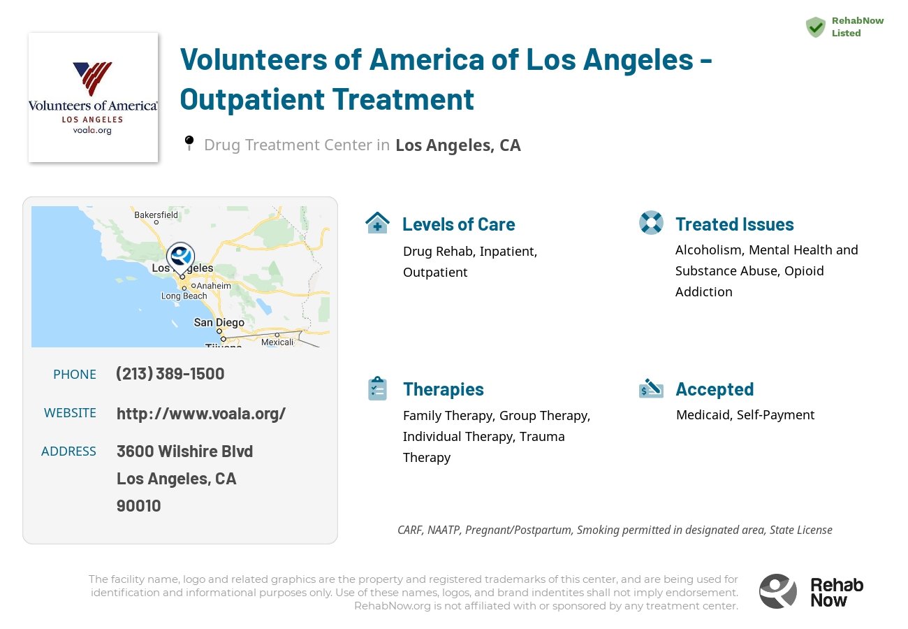 Helpful reference information for Volunteers of America of Los Angeles - Outpatient Treatment, a drug treatment center in California located at: 3600 Wilshire Blvd, Los Angeles, CA 90010, including phone numbers, official website, and more. Listed briefly is an overview of Levels of Care, Therapies Offered, Issues Treated, and accepted forms of Payment Methods.