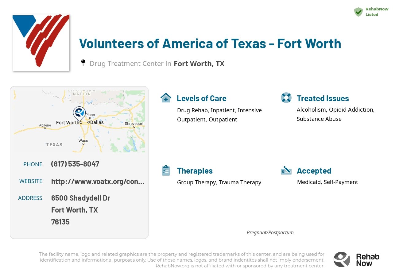 Helpful reference information for Volunteers of America of Texas - Fort Worth, a drug treatment center in Texas located at: 6500 Shadydell Dr, Fort Worth, TX 76135, including phone numbers, official website, and more. Listed briefly is an overview of Levels of Care, Therapies Offered, Issues Treated, and accepted forms of Payment Methods.