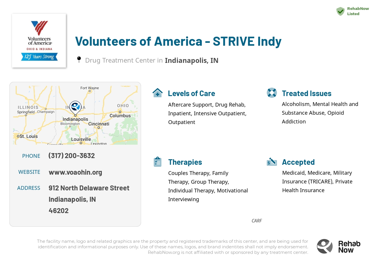Helpful reference information for Volunteers of America - STRIVE Indy, a drug treatment center in Indiana located at: 912 North Delaware Street, Indianapolis, IN, 46202, including phone numbers, official website, and more. Listed briefly is an overview of Levels of Care, Therapies Offered, Issues Treated, and accepted forms of Payment Methods.