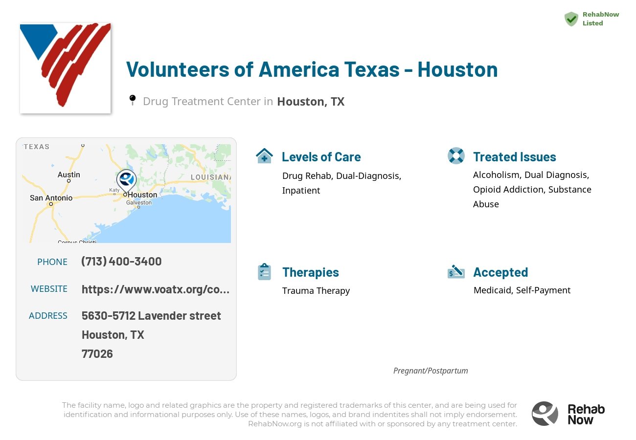 Helpful reference information for Volunteers of America Texas - Houston, a drug treatment center in Texas located at: 5630-5712 Lavender street, Houston, TX, 77026, including phone numbers, official website, and more. Listed briefly is an overview of Levels of Care, Therapies Offered, Issues Treated, and accepted forms of Payment Methods.