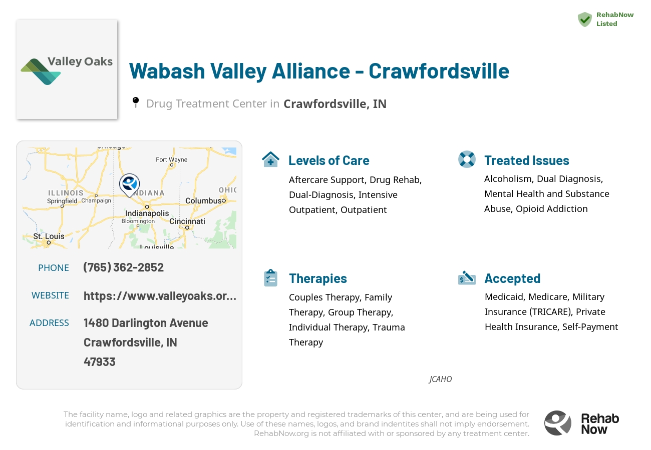 Helpful reference information for Wabash Valley Alliance - Crawfordsville, a drug treatment center in Indiana located at: 1480 Darlington Avenue, Crawfordsville, IN, 47933, including phone numbers, official website, and more. Listed briefly is an overview of Levels of Care, Therapies Offered, Issues Treated, and accepted forms of Payment Methods.
