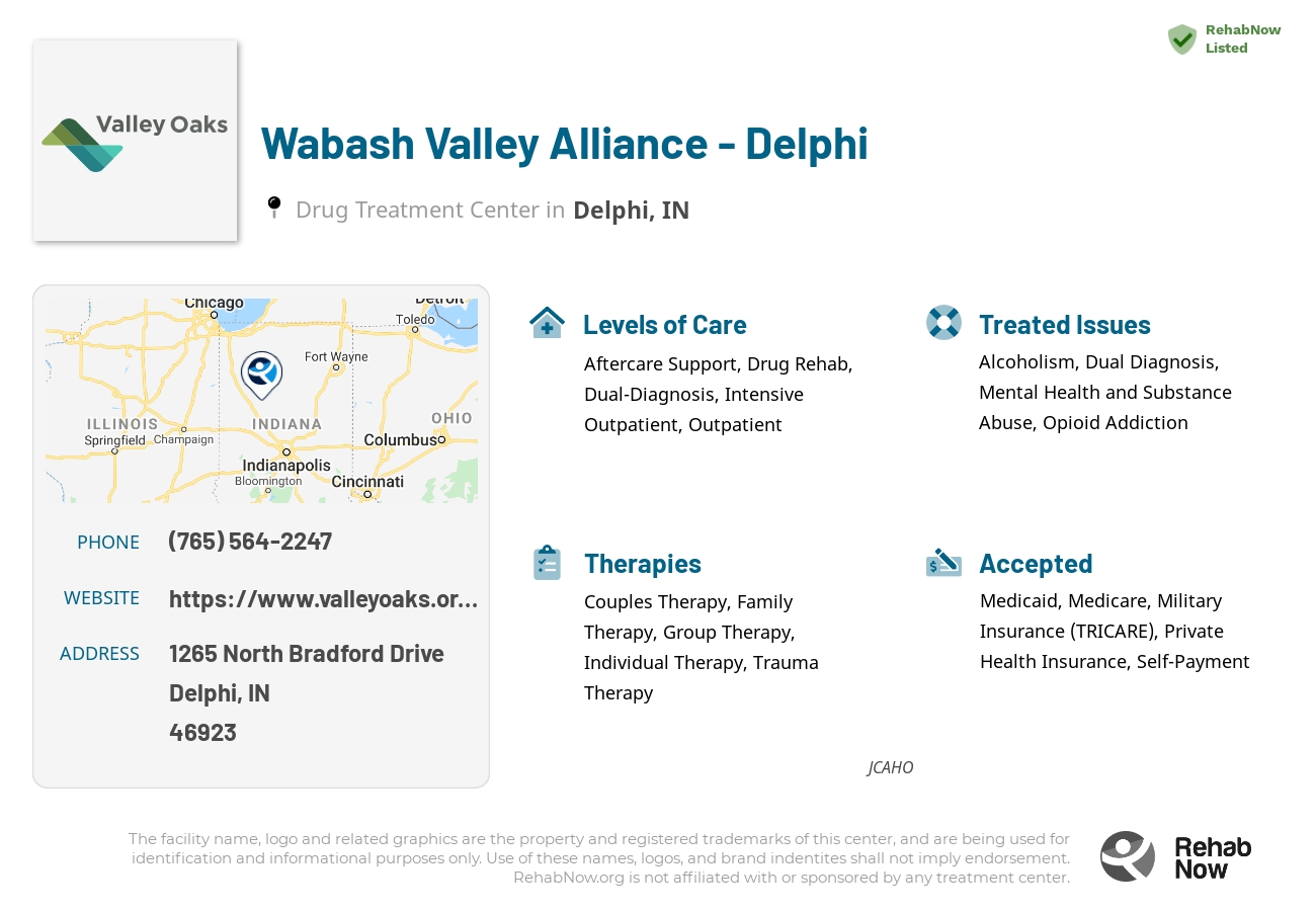 Helpful reference information for Wabash Valley Alliance - Delphi, a drug treatment center in Indiana located at: 1265 North Bradford Drive, Delphi, IN, 46923, including phone numbers, official website, and more. Listed briefly is an overview of Levels of Care, Therapies Offered, Issues Treated, and accepted forms of Payment Methods.